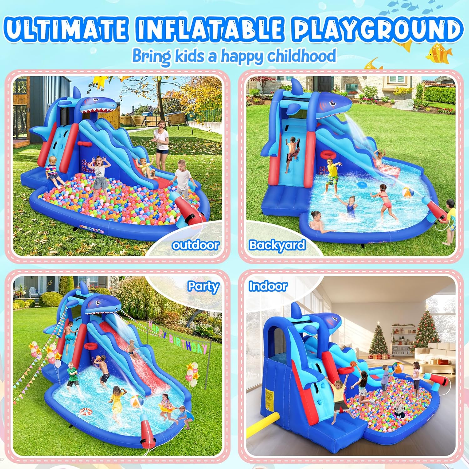子供向けサメ型インフレータブルウォーターパーク：屋外用ブロウ - Kids Outdoor Water Slide のレビューと価格