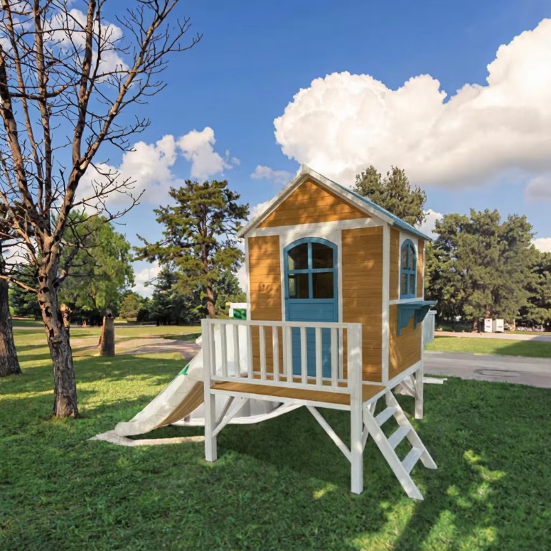 現代的な2階建て木製屋外プレイハウス（階段と滑り台付き）、学 - Kids Outdoor Wooden Playhouse のレビューと価格