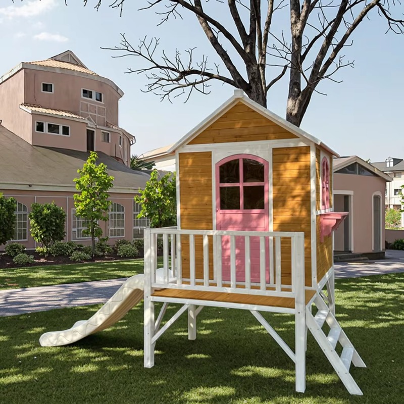 現代的な2階建て木製屋外プレイハウス（階段と滑り台付き）、学 - Kids Outdoor Wooden Playhouse のレビューと価格