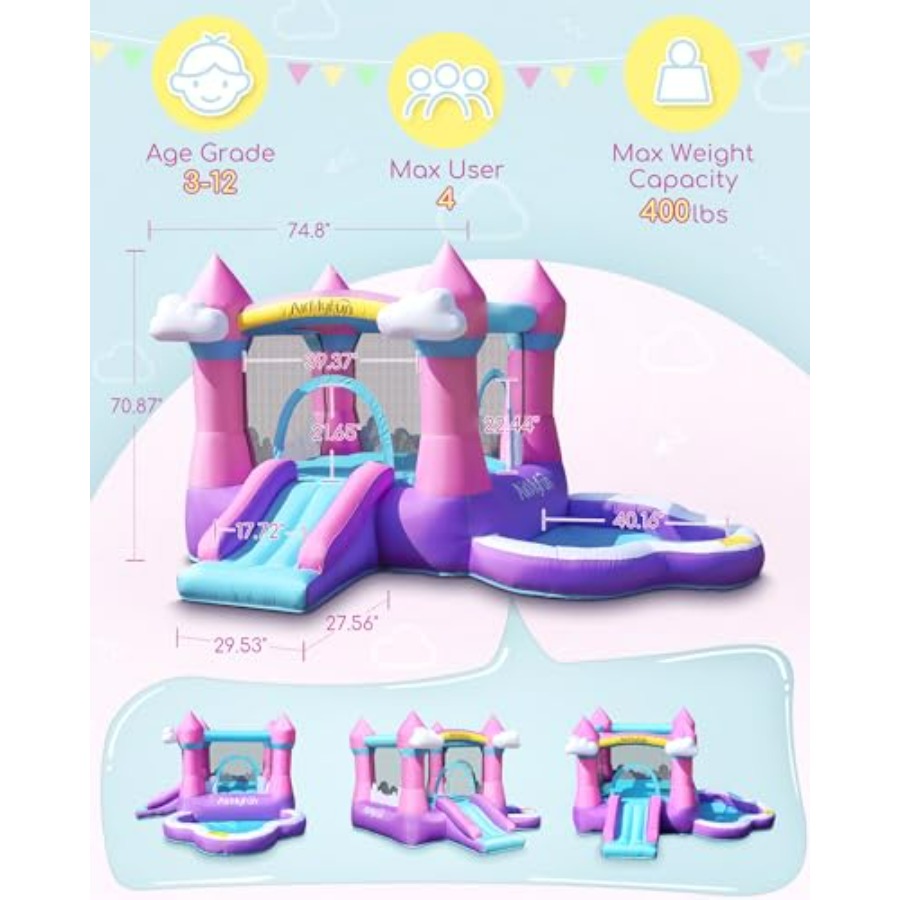 ピンク色の子供用インフレータブルバウンスハウス（3～8歳向け - Kids Outdoor Water Slide のレビューと価格