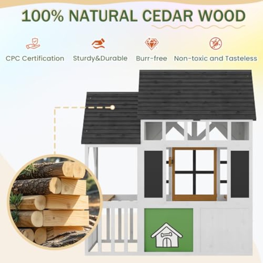 屋外木製キッズプレイハウス（0.56歳以上向け）：白黒仕上げ - Kids Outdoor Wooden Playhouse のレビューと価格