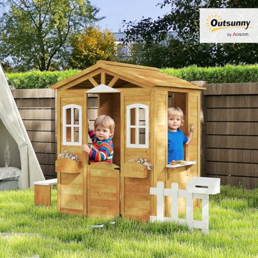 3歳から6歳向けの屋外用プレイハウス、天然木のコテージ。開閉 - Kids Outdoor Wooden Playhouse のレビューと価格