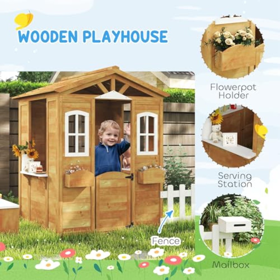 3歳から6歳向けの屋外用プレイハウス、天然木のコテージ。開閉 - Kids Outdoor Wooden Playhouse のレビューと価格