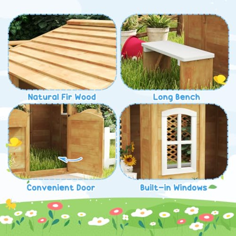 3歳から6歳向けの屋外用プレイハウス、天然木のコテージ。開閉 - Kids Outdoor Wooden Playhouse のレビューと価格